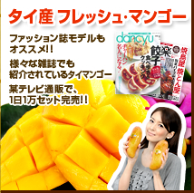 タイ産フレッシュ・マンゴー ファッション誌モデルもオススメ!! 様々な雑誌でも紹介されているタイマンゴー 某テレビ通販で1日1万セット完売!! そんな人気食材が当サイトからも通販可能です!